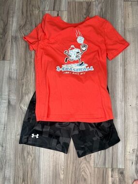 Under Armour Kids Orange Baseball Graphic Tee & Black Logo Shorts Set